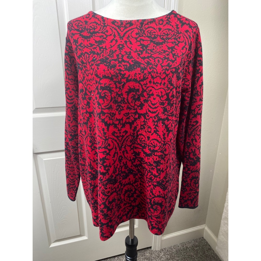 J. Jill XL Red Black Paisley Print Rhinestone Accents Long Sleeve Knit Sweater